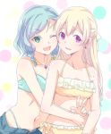  ;d aqua_bikini bang_dream! bangs bikini blonde_hair bow cheek-to-cheek collarbone e20 earrings eyebrows_visible_through_hair fang flower_earrings green_eyes hair_bow hair_ribbon half_updo hikawa_hina hug jewelry long_hair looking_at_viewer midriff multiple_girls navel one_eye_closed open_mouth panty_straps pendant purple_eyes ribbon shirasagi_chisato short_hair shorts side_braids smile strapless strapless_bikini swimsuit w white_ribbon yellow_bikini yellow_bow 