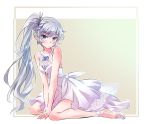  blue_eyes commentary_request dress earrings formal high_heels highres iesupa jewelry long_hair ponytail rwby scar scar_across_eye side_ponytail solo tiara weiss_schnee white_hair 