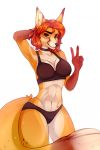  2018 5_fingers anthro bra breasts canine clothed clothing digital_media_(artwork) eyebrows female fox green_eyes hair kristiana_puff looking_at_viewer mammal midriff navel orange_hair panties simple_background smile solo underwear v_sign white_background 