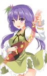  bangs beamed_eighth_notes biwa_lute blush dress eighth_note eyebrows_visible_through_hair flower frills fujiko_(emnprmn) green_dress hair_between_eyes hair_flower hair_ornament highres instrument lavender_hair long_hair long_sleeves looking_at_viewer low_twintails lute_(instrument) music musical_note open_mouth playing_instrument purple_eyes simple_background smile solo touhou tsukumo_benben twintails white_background 