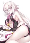  1girl ahoge armpits ass bare_legs bare_shoulders bespectacled black_dress black_gloves blush breasts center_opening china_dress chinese_clothes cleavage commentary_request cosplay dress earrings eyebrows_visible_through_hair fan fate/grand_order fate_(series) glasses gloves gogatsu_fukuin highres jeanne_d&#039;arc_(alter)_(fate) jeanne_d&#039;arc_(fate)_(all) jeanne_d'arc_(alter)_(fate) jeanne_d'arc_(fate)_(all) jewelry koyanskaya koyanskaya_(cosplay) large_breasts long_hair looking_at_viewer lying mouth_hold on_side ribbon side_slit sideboob silver_hair solo thighs tsurime very_long_hair yellow_eyes 