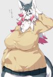  anthro big_breasts black_fur black_nose blue_eyes breasts canine cigarette clothing digital_media_(artwork) dog female fluffy fur hair hair_over_eye inner_ear_fluff japanese_text kishibe long_hair looking_at_viewer mammal multicolored_fur pink_fur simple_background skirt solo standing sweater teeth text translation_request voluptuous white_fur wide_hips 