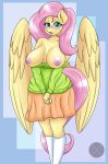  2018 5_fingers absurd_res anthro areola big_breasts blue_background blush breasts clothed clothing equine erect_nipples exposed_breasts eyebrows eyelashes feathered_wings feathers female fluttershy_(mlp) friendship_is_magic hair hi_res legwear long_hair looking_at_viewer mammal my_little_pony nipples open_mouth pegasus pink_hair portrait simple_background skirt socks solo sweater teal_eyes tongue trentgt wings yellow_feathers 