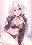  :d ahoge bangs bare_legs barefoot bikini black_bikini black_choker black_gloves black_jacket blush brown_eyes choker collarbone commentary_request eyebrows_visible_through_hair fate/grand_order fate_(series) gloves hair_between_eyes head_tilt jacket jeanne_d'arc_(alter_swimsuit_berserker) jeanne_d'arc_(fate)_(all) long_hair long_sleeves navel o-ring o-ring_bikini o-ring_top open_mouth sasakura seiza shrug_(clothing) silver_hair sitting smile solo swimsuit very_long_hair 