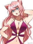  aqua_eyes armpits breasts cleavage commentary emmxd325 hair_tousle highres large_breasts long_hair looking_at_viewer maria_cadenzavna_eve navel o-ring o-ring_swimsuit open_mouth pink_hair purple_swimsuit senki_zesshou_symphogear simple_background solo swimsuit twitter_username white_background 