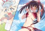  asymmetrical_hair bikini black_hair blue_eyes blue_sky blush breasts character_request cleavage clock_eyes cloud collarbone date_a_live date_a_live:_date_a_bullet day eyebrows_visible_through_hair hair_between_eyes hair_ribbon hairband heterochromia highres long_hair looking_at_viewer medium_breasts multiple_girls navel noco_(adamas) non-web_source novel_illustration official_art open_mouth outdoors red_bikini red_eyes red_hairband red_ribbon ribbon see-through side-tie_bikini silver_hair sky sparkle split_screen sweatdrop swimsuit symbol-shaped_pupils tokisaki_kurumi twintails underboob untied untied_bikini wardrobe_malfunction white_bikini_top yellow_eyes 