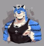  2017 anthro beard biceps black_fur black_hair black_stripes blue_fur bust_portrait chang52084 chest_tuft clothed clothing english_text eyewear facial_hair feline fur glasses grey_background hair male maltese_tiger mammal multicolored_fur multicolored_hair muscular muscular_male nipples portrait shirt simple_background solo striped_fur stripes tank_top text tiger tuft two_tone_hair white_fur white_hair zipper 