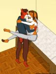  2018 anthro breasts brown_hair canine clothed clothing comic counter_top eyes_closed female fox frozenmyth fur hair kissing kitchen male male/female mammal orange_fur tongue topless white_fur 