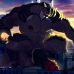  anthro balls big_penis crouching danandnite destruction dinosaur erection horn huge_penis kaiju macro male muscular muscular_male nubbed_penis nude pecs penis solo 