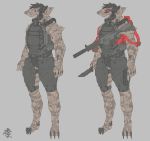  2018 5_fingers anthro armor belt buckles camo claws clothing cybernetics cyberpunk cyborg digital_media_(artwork) discardingsabot equipment exoskeleton fin fish gun hair handgun hi_res hk416 knife machine male marine melee_weapon metal muscular muscular_male obokhan open_mouth pistol ranged_weapon rifle sabot_sauer scalie science_fiction shark simple_background solo standing teeth tiger_shark trigger_discipline vest weapon white_background 