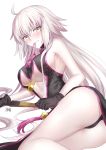 1girl absurdres ahoge armpits ass bare_legs bare_shoulders black_dress black_gloves blush breasts center_opening china_dress chinese_clothes cleavage cosplay dress earrings eyebrows_visible_through_hair fan fate/grand_order fate_(series) gloves gogatsu_fukuin highres jeanne_d&#039;arc_(alter)_(fate) jeanne_d&#039;arc_(fate)_(all) jeanne_d'arc_(alter)_(fate) jeanne_d'arc_(fate)_(all) jewelry koyanskaya koyanskaya_(cosplay) large_breasts long_hair looking_at_viewer lying mouth_hold on_side ribbon side_slit sideboob silver_hair solo thighs tsurime very_long_hair yellow_eyes 