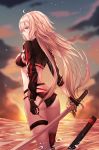  absurdres ahoge ass bangs bikini black_gloves breasts cloud evening fate/grand_order fate_(series) gloves hair_between_eyes highres holding holding_sword holding_weapon jeanne_d'arc_(alter_swimsuit_berserker) jeanne_d'arc_(fate)_(all) katana long_hair looking_at_viewer looking_back minin982 open_mouth outdoors profile shrug_(clothing) silver_hair single_thighhigh sky solo swimsuit sword thighhighs thighs wading water weapon wind yellow_eyes 