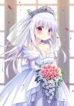  absurdres azur_lane bad_revision bangs bare_shoulders blurry blurry_background blush bouquet bow breasts bridal_veil cleavage closed_mouth collarbone commentary_request cygnet_(azur_lane) depth_of_field detached_sleeves downscaled_revision dress eyebrows_visible_through_hair flower hair_between_eyes head_tilt highres holding holding_bouquet long_hair long_sleeves looking_at_viewer md5_mismatch medium_breasts off-shoulder_dress off_shoulder petals red_eyes red_flower red_rose rose satsuki_yukimi see-through see-through_sleeves silver_hair smile solo tears tiara veil very_long_hair white_bow white_dress white_flower window 