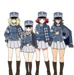  adapted_uniform andou_(girls_und_panzer) armband azumi_(girls_und_panzer) bangs bc_freedom_(emblem) bc_freedom_military_uniform black_footwear black_hair blonde_hair blue_eyes blue_hat blue_jacket blue_vest boots brown_eyes closed_mouth commentary_request crossed_arms dark_skin dress_shirt dress_uniform drill_hair emblem girls_und_panzer green_eyes gun hand_on_hip handgun hands_on_hips hat high_collar highres holding holding_gun holding_weapon jacket jacket_on_shoulders knee_boots korean_commentary light_frown long_hair long_sleeves looking_at_viewer luger_p08 marie_(girls_und_panzer) medium_hair messy_hair military military_hat military_uniform miniskirt multiple_girls oshida_(girls_und_panzer) pelisse perfect_han pleated_skirt red_hair school_connection shako_cap shirt short_hair simple_background skirt smile standing symbol_commentary uniform vest weapon white_background white_shirt white_skirt zipper 
