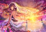  azur_lane black_hair brown_eyes clouds flowers headdress horns long_hair mikasa_(azur_lane) rose see_through sky sunset tagme_(artist) tears water 