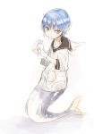  1girl :i aka_ume blue_hair bottle female gills head_fins mermaid monster_girl original short_hair sketch solo wet white_background 