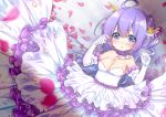  :o azur_lane bangs bare_shoulders blurry blurry_foreground blush breasts choker cleavage commentary_request depth_of_field dress elbow_gloves eyebrows_visible_through_hair frills gloves hair_between_eyes hair_bun hair_ornament hair_ribbon hands_up lace lace-trimmed_ribbon long_hair looking_at_viewer medium_breasts one_side_up parted_lips petals playing_with_own_hair pleated_dress purple_choker purple_eyes purple_hair ribbon sawa_(sawasaku) side_bun solo star star_hair_ornament strapless strapless_dress too_many too_many_frills unicorn_(azur_lane) very_long_hair white_dress white_gloves 