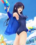  :o armpits ass black_hair blue_eyes blue_jacket blue_sky breasts commentary_request cowboy_shot day dual_wielding holding holding_water_gun jacket long_hair medium_breasts nonaka_ritsu original sky solo swimsuit track_jacket v-shaped_eyebrows water_gun 