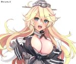  ahoge anchor bare_shoulders blonde_hair blue_eyes blue_gloves blush breasts cleavage collar elbow_gloves eriyama_(user_csua4255) fingerless_gloves front-tie_top gloves hat iowa_(kantai_collection) kantai_collection large_breasts long_hair looking_at_viewer metal_collar open_mouth simple_background smile solo star star-shaped_pupils symbol-shaped_pupils tongue twitter_username upper_body white_background white_gloves 