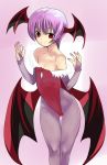  arched_back ass_visible_through_thighs bangs bare_shoulders bat_wings black_wings bob_cut breasts bridal_gauntlets calpi cleavage cleavage_cutout closed_mouth collarbone commentary_request covered_navel demon_girl demon_wings disconnected_mouth eyebrows_visible_through_hair feather_trim feet_out_of_frame hands_up head_wings highleg highleg_leotard highres leotard light_smile lilith_aensland looking_at_viewer pantyhose purple_background purple_hair purple_legwear red_eyes red_leotard short_hair simple_background sketch_eyebrows skinny small_breasts solo standing strapless strapless_leotard succubus thigh_gap vampire_(game) very_short_hair wide_hips wings 