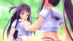  2girls 3d black_hair blush breasts couple hair_ornament incest kagurazaka_ranka kagurazaka_rinka large_breasts multiple_girls open_mouth purple_hair screencap valkyrie_drive valkyrie_drive_-bhikkhuni- yuri 