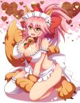  afuro animal_ear_fluff animal_ears apron asymmetrical_legwear bell bell_collar between_breasts breasts carrot cat_hair_ornament cat_paws collar fangs fate/grand_order fate_(series) fox_ears fox_tail gloves hair_ornament hair_ribbon heart jingle_bell long_hair looking_at_viewer maid_headdress open_mouth paw_gloves paw_shoes paws pink_hair red_ribbon ribbon sexually_suggestive shoes solo tail tamamo_(fate)_(all) tamamo_cat_(fate) white_legwear yellow_eyes 