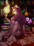  2018 alchemy anthro book bowl breasts brown_eyes butt clothed clothing digital_media_(artwork) feline female fina_(azra3l) fluffy fluffy_tail fur fyoflo hair hi_res lion long_hair long_nail magic mammal sitting smile solo withc 