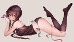  artist_name bangs black_legwear black_panties blush breasts brown_eyes brown_hair camisole commentary_request condom hair_between_eyes holding kneehighs long_hair looking_at_viewer panties parted_lips pre_(17194196) ribbon side-tie_panties sidelocks signature simple_background solo underwear vocaloid vocanese yuezheng_ling 