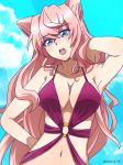  aqua_eyes armpits breasts cleavage commentary emmxd325 hair_tousle large_breasts long_hair looking_at_viewer maria_cadenzavna_eve navel o-ring o-ring_swimsuit open_mouth pink_hair purple_swimsuit senki_zesshou_symphogear solo swimsuit twitter_username 