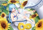  :o bangle bangs bare_arms bare_legs bare_shoulders barefoot bikini blue_bikini blue_eyes blue_hair blush bracelet breasts cleavage collarbone commentary_request cup eyebrows_visible_through_hair flower food hair_between_eyes holding holding_food ice ice_cube in_container in_cup jewelry jug long_hair looking_at_viewer low_twintails medium_breasts minigirl original parted_lips popsicle saucer seero sidelocks solo spoon sunflower swimsuit twintails very_long_hair water yellow_flower 
