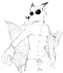  abs anthro black_and_white canine clothed clothing disney dressing eyewear fox fur hi_res male mammal monochrome muscular muscular_male nick_wilde pecs raizinndx sketch solo summer sunglasses swimsuit topless zootopia 