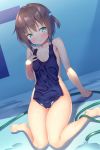  aqua_eyes arm_support bangs barefoot beads blush breasts brown_hair closed_mouth clothes_in_front collarbone commentary covering day dutch_angle embarrassed eyebrows_visible_through_hair full_body hair_bobbles hair_intakes hair_ornament highres hose ichi_makoto leaning_back nude nude_cover old_school_swimsuit on_ground one-piece_swimsuit original outdoors pool school_swimsuit short_hair sitting small_breasts solo swimsuit swimsuit_removed two_side_up wariza wavy_mouth wet 
