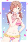 ;p alternate_hairstyle bang_dream! bangs bikini_bottom bracelet brown_hair cowboy_shot crop_top drop_shadow e20 earrings eyebrows_visible_through_hair finger_to_chin frilled_bikini_bottom gradient gradient_background green_eyes hand_on_hip imai_lisa index_finger_raised jewelry long_hair looking_at_viewer midriff navel one_eye_closed petals pink_bikini_bottom sleeveless solo swimsuit tongue tongue_out twintails 