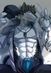  2015 abs anthro black_fur blue_eyes blush boxer_briefs briefs bulge chang52084 chest_tuft claws clothed clothing cum_in_underwear cum_through_clothing cum_through_underwear discordnight dog_tags erection erection_under_clothes fur guangyan_(artist) handcuffs hat hi_res holding_hat looking_at_viewer male mammal muscular open_pants open_shirt pants partially_clothed pecs precum sergal shackles shirt solo sweat tent_through_fly tenting tongue tongue_out tuft underwear white_fur 