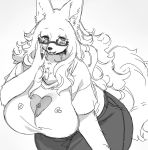  &lt;3 anthro big_breasts black_nose breasts canine clothing digital_media_(artwork) english_text eyewear female fluffy fluffy_tail glasses hair half-closed_eyes inner_ear_fluff kishibe long_hair looking_at_viewer mammal monochrome open_mouth pants pawpads shirt simple_background smile solo standing text tongue voluptuous white_background wide_hips 