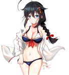  ahoge bikini bikini_pull black_bikini black_hair blue_eyes braid breasts cleavage cowboy_shot eriyama_(user_csua4255) hair_braid hair_flaps hair_ornament highres jacket kantai_collection large_breasts long_hair looking_at_viewer navel pulled_by_self remodel_(kantai_collection) shigure_(kantai_collection) simple_background single_braid smile solo stomach swimsuit white_background white_jacket 