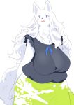  anthro big_breasts black_nose blue_eyes breasts canine claws clothing digital_media_(artwork) fangs female fluffy fur hair inner_ear_fluff kishibe long_hair mammal open_mouth pawpads paws shirt simple_background skirt small_head solo standing tongue white_background white_fur white_hair 