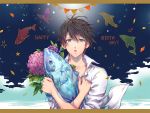  bird blue_eyes brown_hair bug butterfly crossed_arms dolphin dr. fish flower free! happy_birthday insect looking_at_viewer male_focus nanase_haruka_(free!) penguin shark shirt solo star unbuttoned upper_body white_shirt wind 