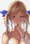  bangs blonde_hair blue_eyes bracelet breasts covered_mouth crying crying_with_eyes_open eyebrows_visible_through_hair grey_background hair_between_eyes hair_ornament highres jewelry long_hair looking_at_viewer original ribbon simple_background solo summer tamarashi tears twintails wet wet_hair 