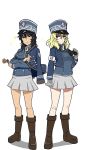  adapted_uniform andou_(girls_und_panzer) arm_grab armband bangs bc_freedom_(emblem) bc_freedom_military_uniform binoculars black_footwear black_hair blonde_hair blue_eyes blue_hat blue_jacket blue_vest boots brown_eyes closed_mouth commentary crossed_arms dark_skin dress_shirt dress_uniform emblem eyebrows_visible_through_hair flower full_body girls_und_panzer gloves hat high_collar highres holding holding_binoculars holding_flower jacket jacket_on_shoulders knee_boots long_sleeves looking_at_viewer medium_hair messy_hair military military_hat military_uniform miniskirt multiple_girls oshida_(girls_und_panzer) perfect_han pleated_skirt red_flower red_rose rose shadow shako_cap shirt simple_background skirt smile sparkle standing uniform v-shaped_eyebrows vest white_background white_gloves white_shirt white_skirt 