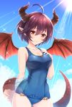  ahoge arm_behind_back bandaged_arm bandages bangs blue_sky blush breasts cleavage cloud collarbone commentary_request cowboy_shot day dragon_girl dragon_horns dragon_tail dragon_wings eyebrows_visible_through_hair granblue_fantasy grea_(shingeki_no_bahamut) hair_between_eyes hand_on_own_chest highres horns lens_flare looking_at_viewer medium_breasts one-piece_swimsuit outdoors pointy_ears purple_hair red_eyes school_swimsuit shingeki_no_bahamut short_hair sky smile solo standing sunlight swimsuit tail tomo_(user_hes4085) wings 