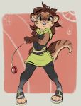  anthro brown_fur brown_hair clothed clothing ear_piercing female fur green_eyes grin hair mammal mustelid otter peach_background piercing reign-2004 smile solo tan_fur teeth toeless_stockings whiskers yo-yo 