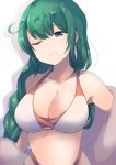  absurdres bangs bikini blue_eyes blurry blush braid breasts cleavage closed_mouth collarbone commentary dyson_(edaokunnsaikouya) eyebrows_visible_through_hair green_hair hair_between_eyes highres kantai_collection large_breasts long_hair looking_at_viewer mole mole_under_mouth one_eye_closed revision shadow simple_background single_braid smile solo swimsuit upper_body yuugumo_(kantai_collection) 