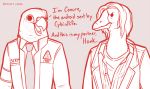  avian beak bird clothing connor_(detroit) conure detroit:_become_human dialogue english_text goose hank_(detroit) humor jacket necktie pun royalty_(artist) text 
