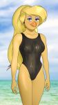  2018 anthro avian beak big_breasts bird blonde_hair blue_eyes breasts buffbumblebee_(artist) clothed clothing digital_drawing_(artwork) digital_media_(artwork) don_bluth ear_piercing eyebrows eyelashes female front_view golden_pheasant goldie_pheasant hair hi_res looking_at_viewer makeup non-mammal_breasts one-piece_swimsuit outside pheasant piercing rock-a-doodle smile solo standing swimsuit water 