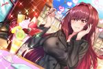  artist_name bag blue_sky breasts buttons coat day eating fate/grand_order fate_(series) food fruit hand_on_own_face handbag heart heart-shaped_pupils highres large_breasts long_hair napkin nez-kun outdoors parfait purple_hair red_eyes scathach_(fate)_(all) scathach_(fate/grand_order) sky sparkle spoon symbol-shaped_pupils table tablecloth wafer wavy_mouth window 