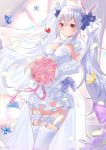  absurdres alternate_breast_size animal animal_ears azur_lane bangs blue_bow blue_flower blue_rose blush bouquet bow breasts bride bug bunny_ears butterfly cleavage closed_mouth commentary_request dress elbow_gloves eyebrows_visible_through_hair flower garter_straps gloves hair_between_eyes hair_bow hair_ribbon highres holding holding_bouquet hum_(ten_ten) insect laffey_(azur_lane) long_hair looking_away medium_breasts pink_flower pink_rose ribbon ribbon_trim rose silver_hair solo striped striped_bow thighhighs twintails very_long_hair white_dress white_gloves white_legwear white_ribbon 