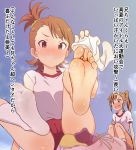  2girls barefoot blush brown_hair feet futami_ami futami_mami gym_uniform hair_tie idolmaster long_hair looking_at_viewer multiple_girls open_mouth pov pov_feet red_eyes shoes_removed siblings side_ponytail sisters smell smile socks socks_removed soles steam sweat toes translated twins white_legwear 