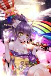  animal_ear_fluff animal_ears breasts bug butterfly chino_machiko cleavage cloud crossed_legs daru_dayu eyebrows_visible_through_hair fingernails hair_ornament hairpin hand_up holding insect japanese_clothes kimono nail_polish obi off_shoulder pipe purple_hair purple_kimono rainbow red_nails sash show_by_rock!! sitting smile solo yellow_eyes 