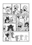  afterimage anteater_ears anteater_tail back_bow boots bow bowtie comic failure fur_collar greyscale hair_bow headphones highres hood hoodie kemono_friends kotobuki_(tiny_life) leotard long_sleeves monochrome multicolored_hair multiple_girls pantyhose partially_translated penguin_tail rockhopper_penguin_(kemono_friends) shorts silky_anteater_(kemono_friends) tail translation_request 